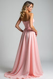 A Line Pink Sweetheart Ruched Long Bridesmaid Dress