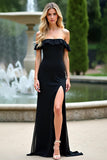 Off the Shoulder Black Chiffon Long Bridesmaid Dress