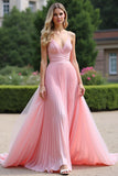 A Line Spaghetti Straps Pink Pleated Long Bridesmaid Dress