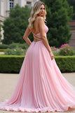 A Line Spaghetti Straps Pink Pleated Long Bridesmaid Dress