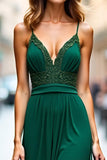 Dark Green Lace Appliqued Sheath Long Bridesmaid Dress with Slit