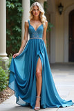 Dusty Blue A Line Ruched Long Bridesmaid Dress with Lace