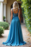 Dusty Blue A Line Ruched Long Bridesmaid Dress with Lace