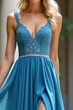 Dusty Blue A Line Ruched Long Bridesmaid Dress with Lace