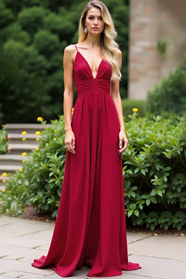 Deep V-Neck Spaghetti Straps Burgundy Ruched Long Bridesmaid Dress