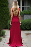 Deep V-Neck Spaghetti Straps Burgundy Ruched Long Bridesmaid Dress