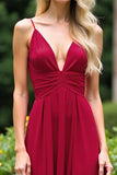 Deep V-Neck Spaghetti Straps Burgundy Ruched Long Bridesmaid Dress