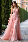 A Line Pink Pleated Sweetheart Long Bridesmaid Dress