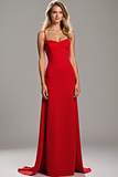 Sheath Red Spaghetti Straps Satin Long Bridesmaid Dress