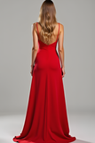 Sheath Red Spaghetti Straps Satin Long Bridesmaid Dress