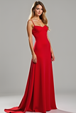 Sheath Red Spaghetti Straps Satin Long Bridesmaid Dress