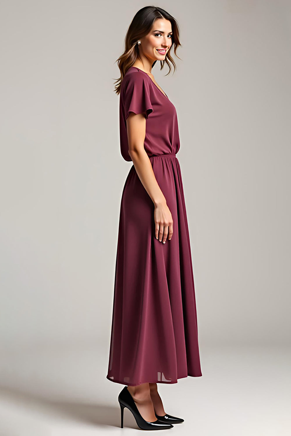 A Line Cabernet Chiffon Long Mother of the Bride Dress