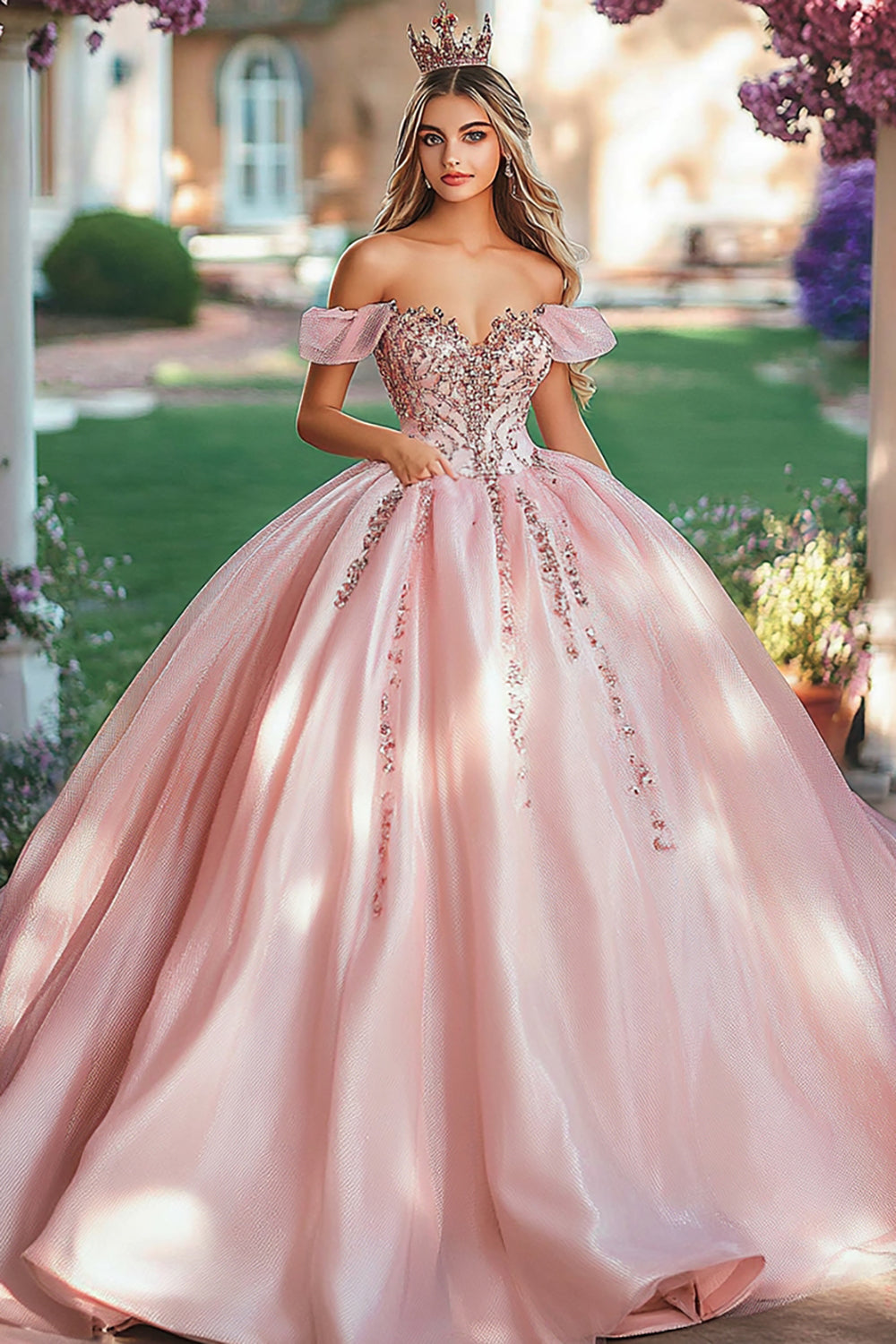 Blush Off the Shoulder Princess Satin Quinceanera Dress with Appliques