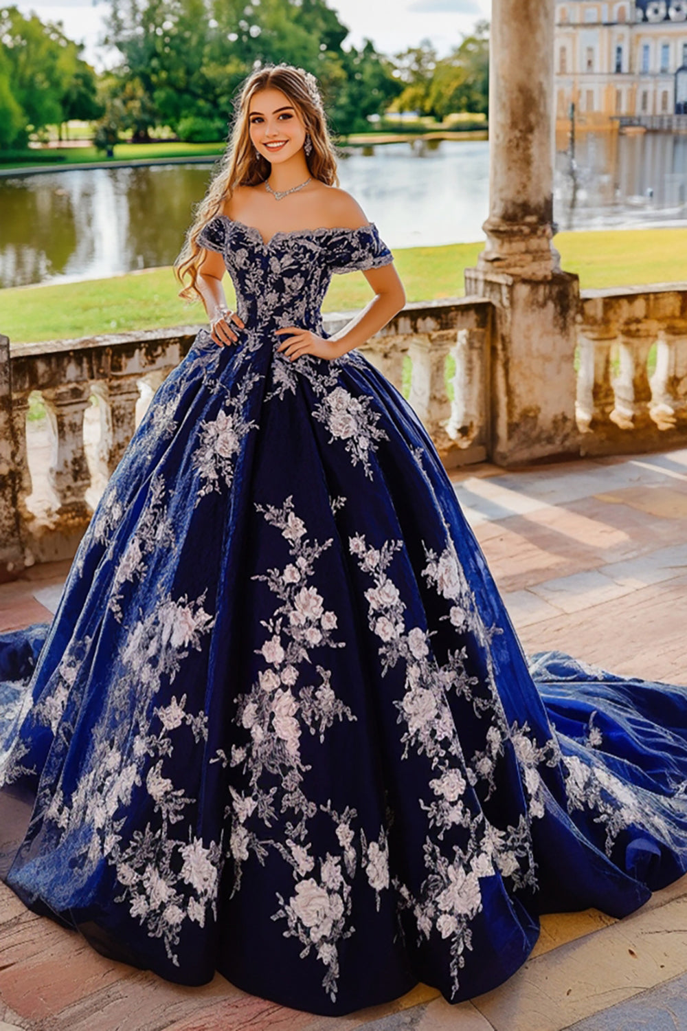 Navy Off the Shoulder Ball Gown Tulle Quinceanera Dress with Flower Appliques