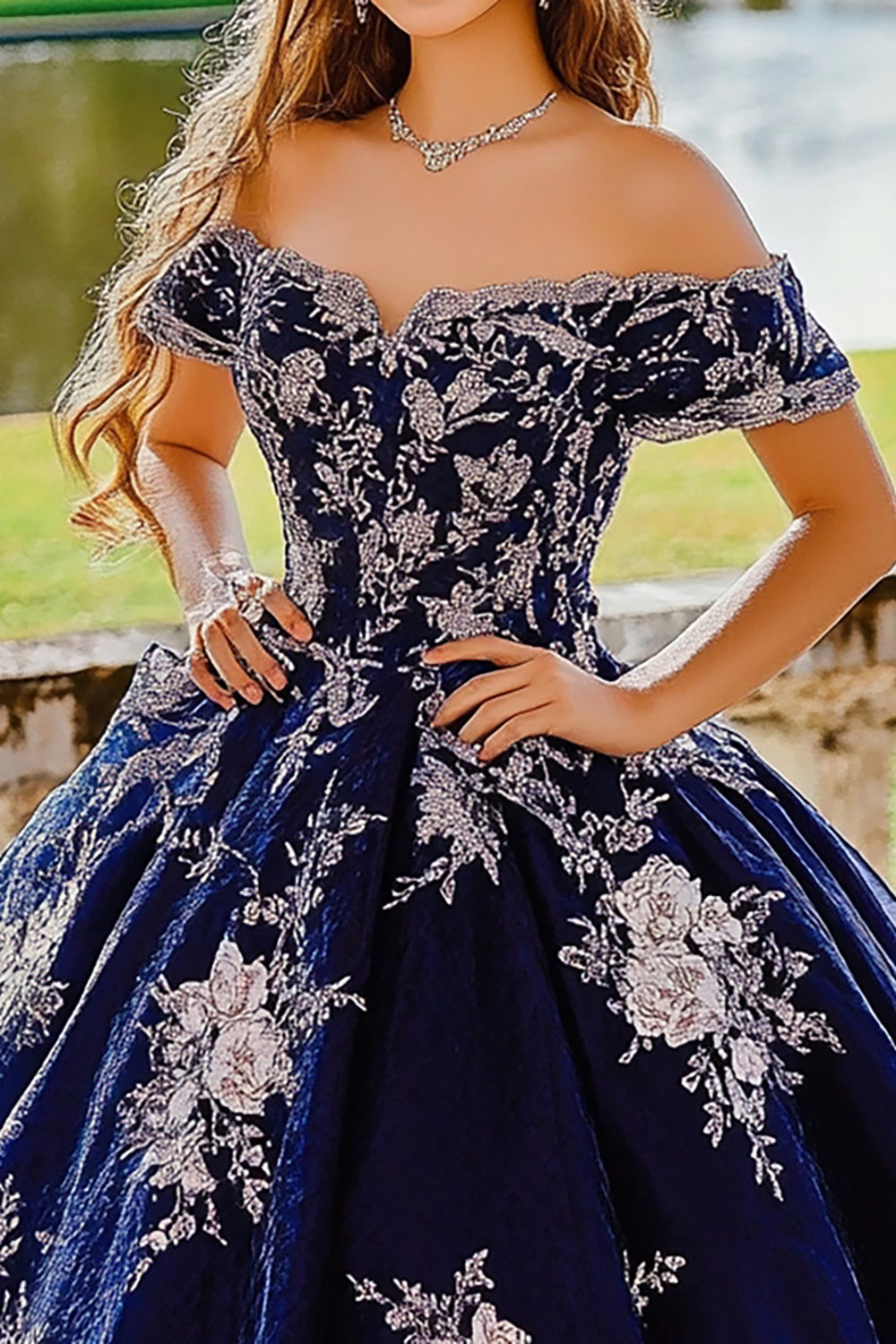 Navy Off the Shoulder Ball Gown Tulle Quinceanera Dress with Flower Appliques