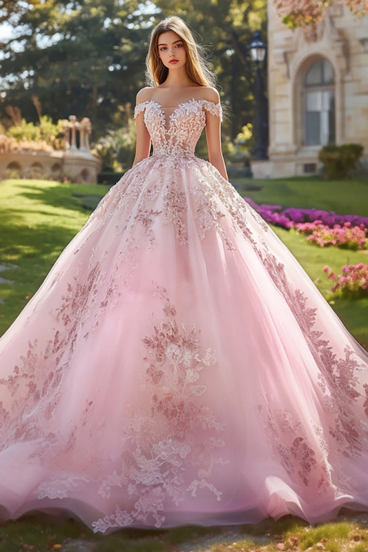 Blush Off the Shoulder Ball Gown Tulle Quinceanera Dress with Appliques