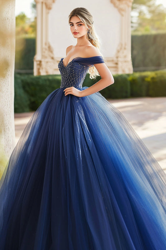 Navy Tulle Ball Gown Off the Shoulder Quinceanera Dress with Beading