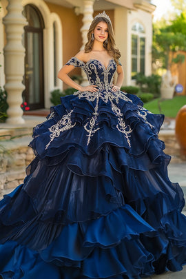 Navy Princess Off the Shoulder Organza Ruffled Quinceanera Dress with Appliques