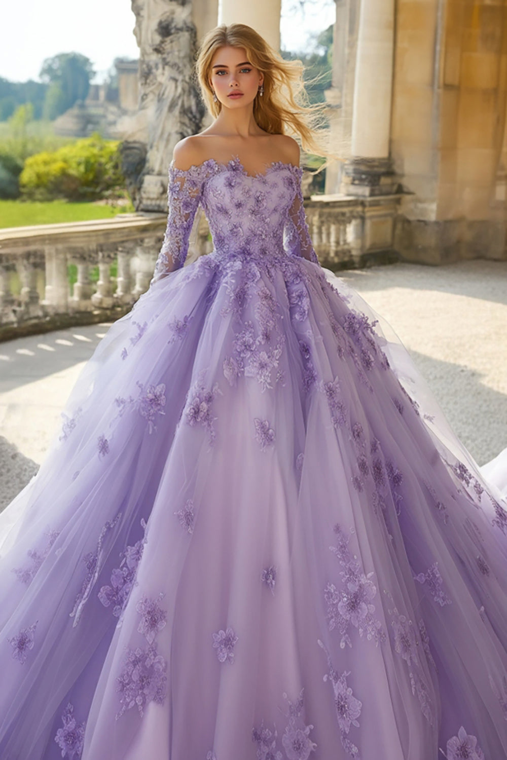 Lilac Ball Gown Off the Shoulder Tulle Applique Quinceanera Dress with Long Sleeves