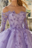 Lilac Ball Gown Off the Shoulder Tulle Applique Quinceanera Dress with Long Sleeves