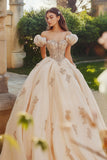 Princess Blush Ball Gown Off the Shoulder Tulle Quinceanera Dress with Appliques