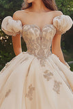 Princess Blush Ball Gown Off the Shoulder Tulle Quinceanera Dress with Appliques