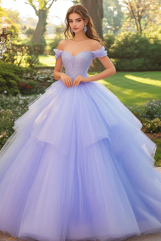 Lilac Off the Shoulder Ball Gown Tulle Quinceanera Dress with Appliques