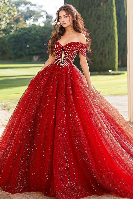 Glitter Red Off the Shoulder Princess Quinceanera Dress with Appliques