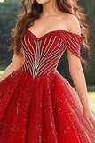 Glitter Red Off the Shoulder Princess Quinceanera Dress with Appliques