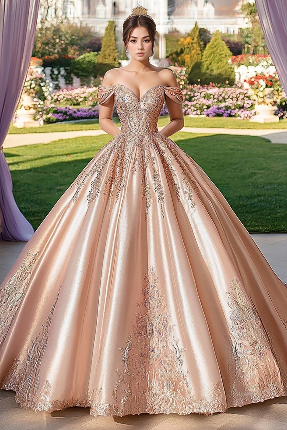 Champagne Off the Shoulder Satin Applique Ball Gown Long Quinceanera Dress