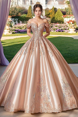 Champagne Off the Shoulder Satin Applique Ball Gown Long Quinceanera Dress