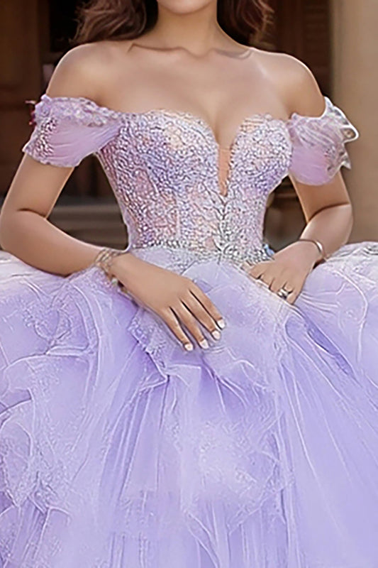 Lilac Off the Shoulder Tulle Tiered Princess Applique Quinceanera Dress