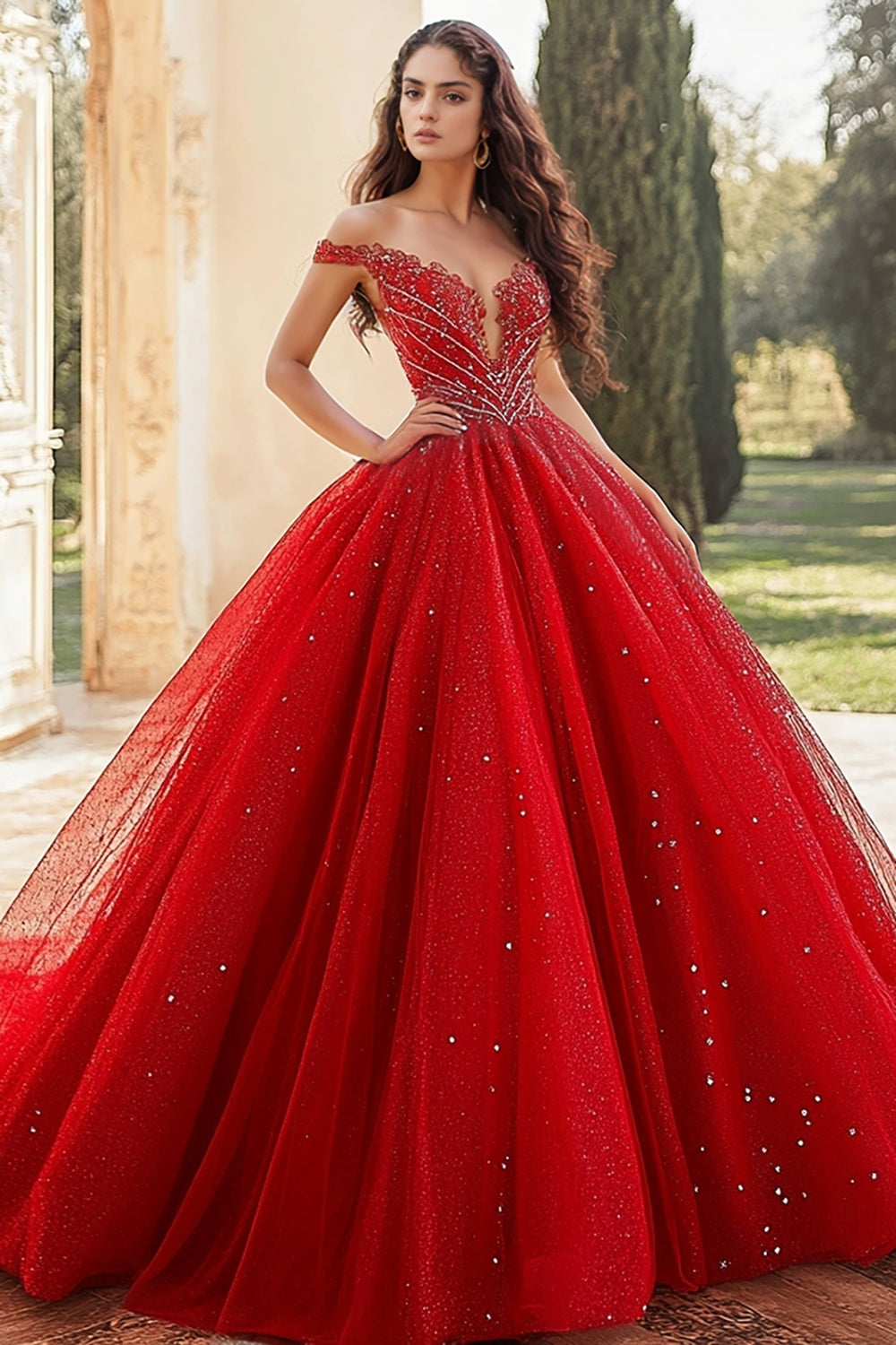 Red Ball Gown Off the Shoulder Tulle Applique Quinceanera Dress