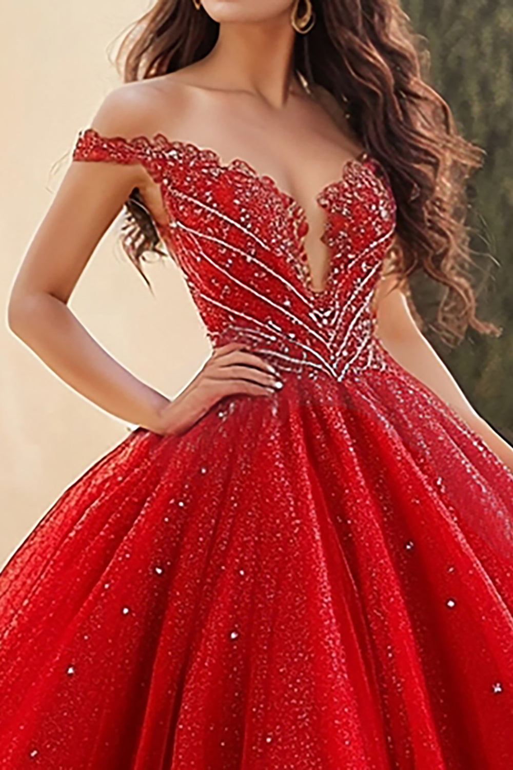 Red Ball Gown Off the Shoulder Tulle Applique Quinceanera Dress