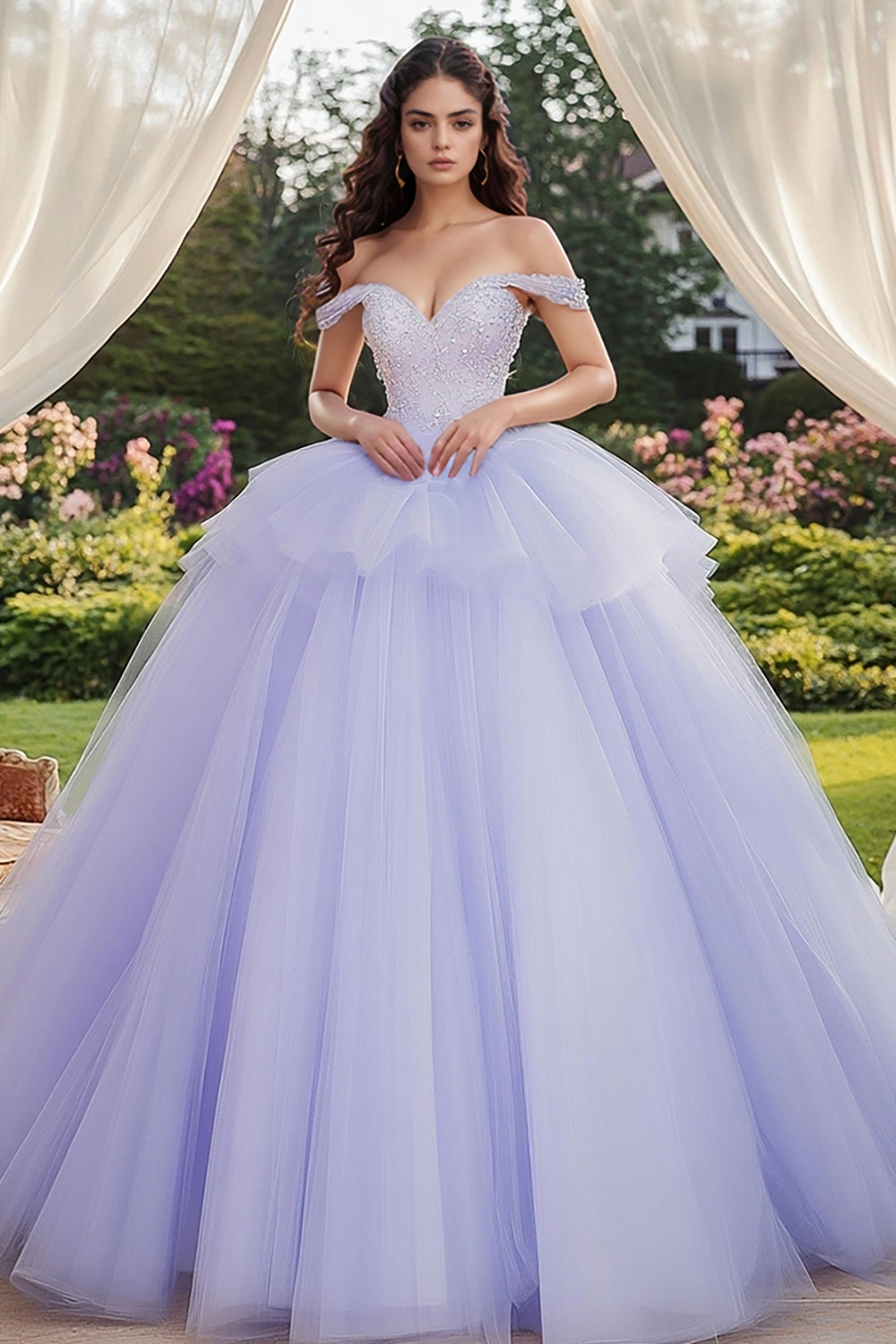 Lavender Off the Shoulder Tulle Ball Gown Applique Quinceanera Dress