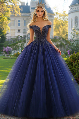 Navy Tulle Ball Gown Strapless Off the Shoulder Quinceanera Dress