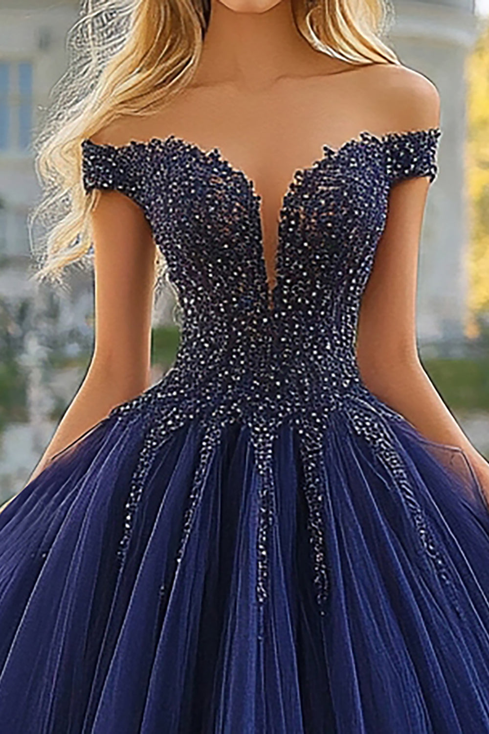 Navy Tulle Ball Gown Strapless Off the Shoulder Quinceanera Dress