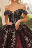 Burgundy Black Tulle Ball Gown Off the Shoulder Strapless Quinceanera Dress