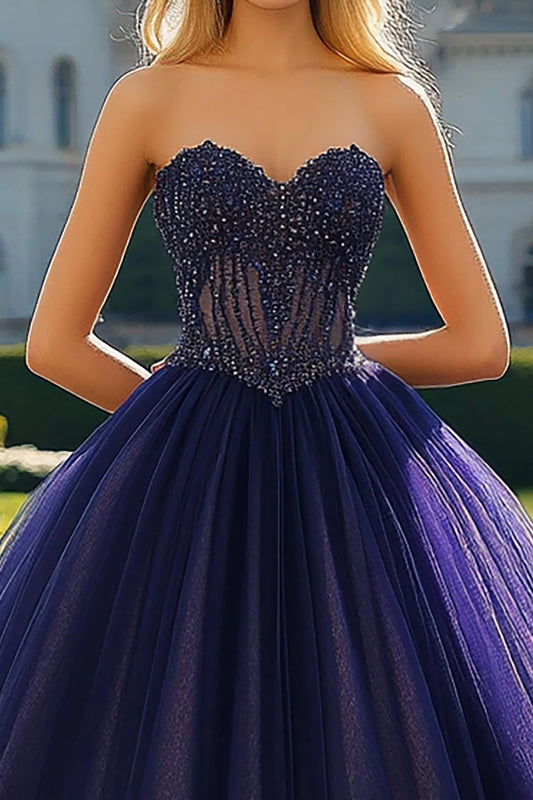 Navy Sweetheart Strapless Ball Gown Tulle Quinceanera Dress