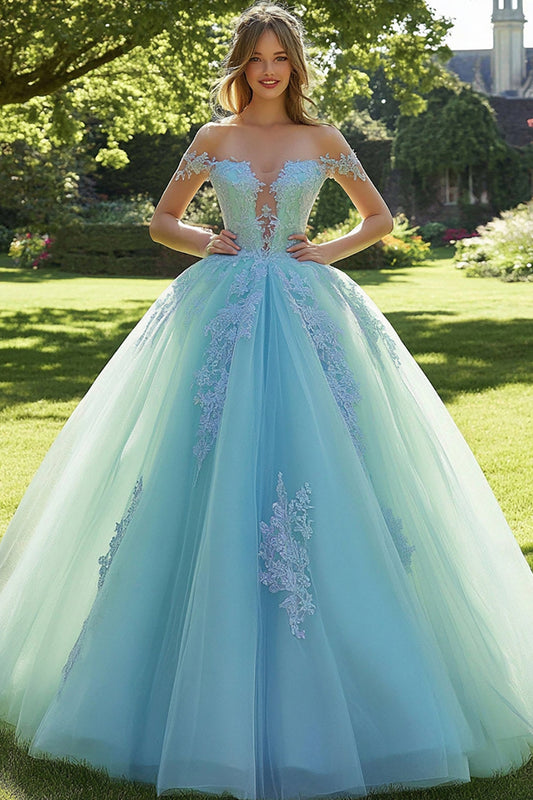 Off the Shoulder Mint Appliqued Ball Gown Tulle Quinceanera Dress