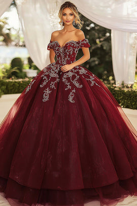 Burgundy Ball Gown Off the Shoulder Appliqued Quinceanera Dress