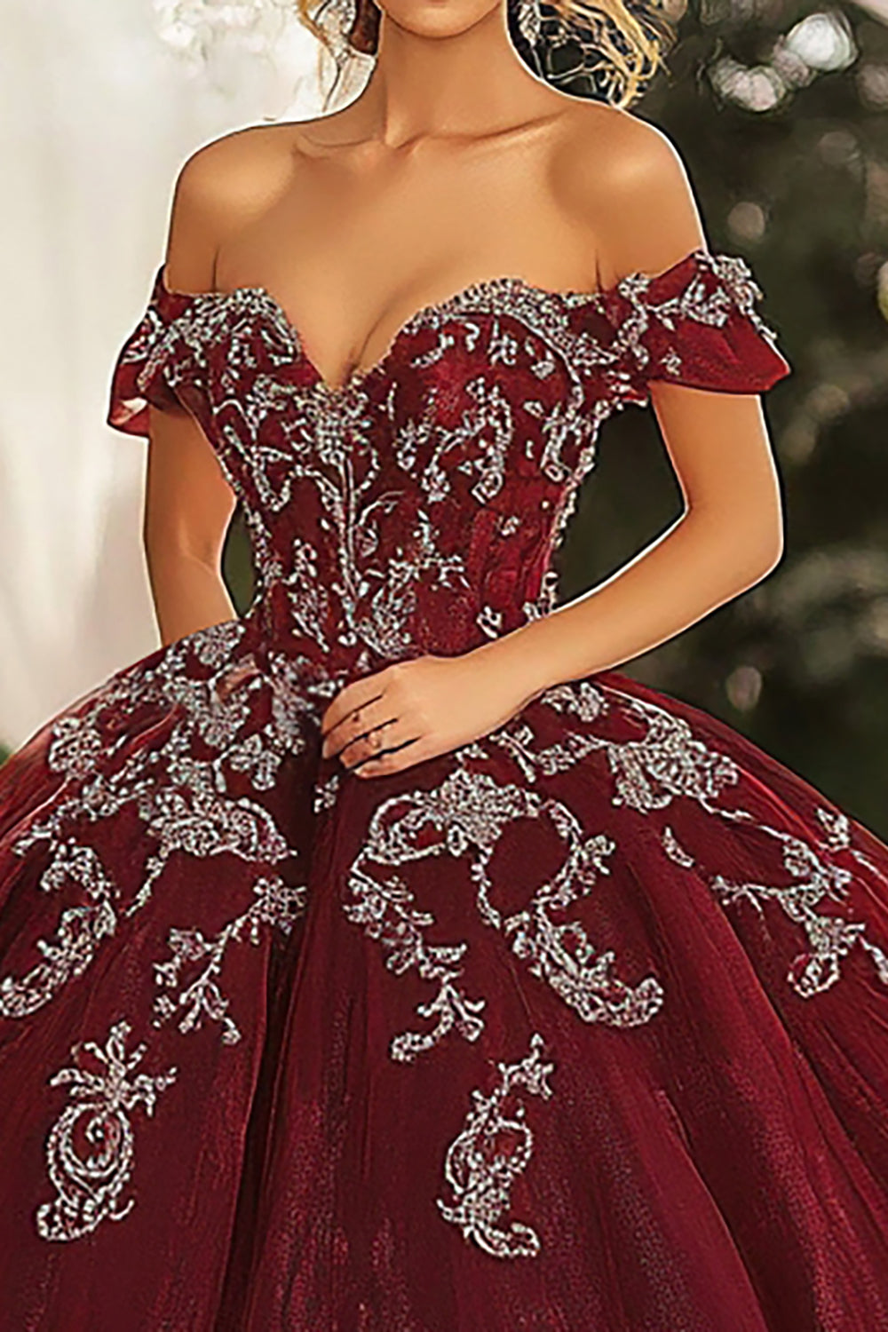 Burgundy Ball Gown Off the Shoulder Appliqued Quinceanera Dress