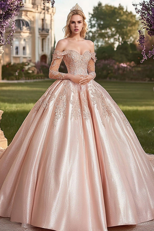 Off The Shoulder Blush Long Sleeves Ball Gown Quinceanera Dress