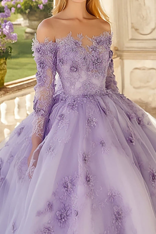 3D Flower Long Sleeves Off The Shoulder Lilac Ball Gown Quinceanera Dress