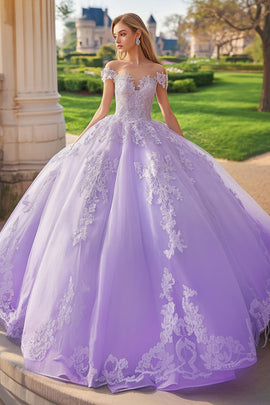 Princess Lilac Ball Gown Off the Shoulder Tulle Quinceanera Dress with Appliques