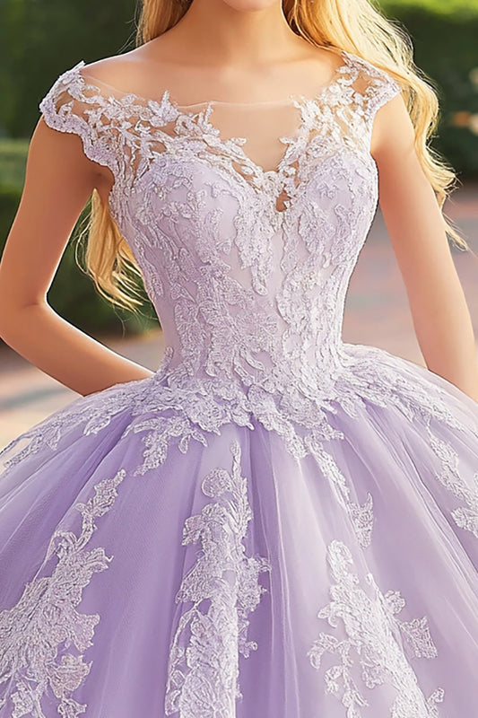 Princess Lilac Ball Gown Off the Shoulder Ruffled Tulle Quinceanera Dress with Appliques