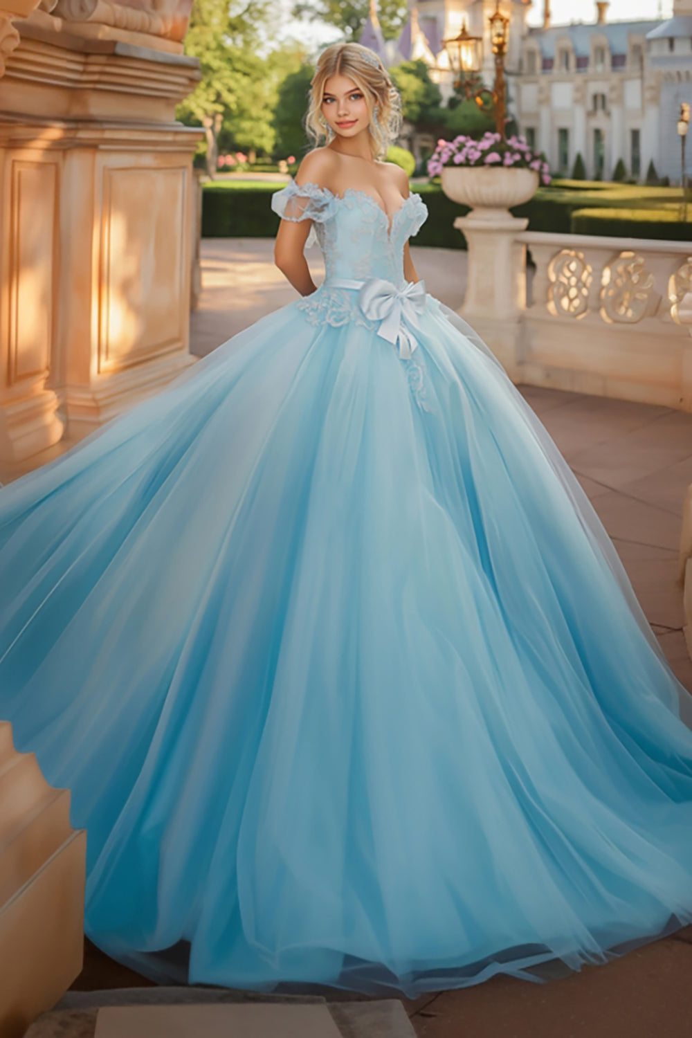 Princess Sky Blue Ball Gown Off the Shoulder Tulle Laced Appliques Quinceanera Dress with Bow