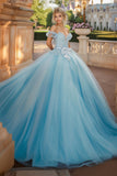 Princess Sky Blue Ball Gown Off the Shoulder Tulle Laced Appliques Quinceanera Dress with Bow