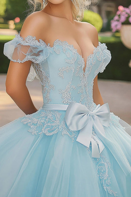 Princess Sky Blue Ball Gown Off the Shoulder Tulle Laced Appliques Quinceanera Dress with Bow