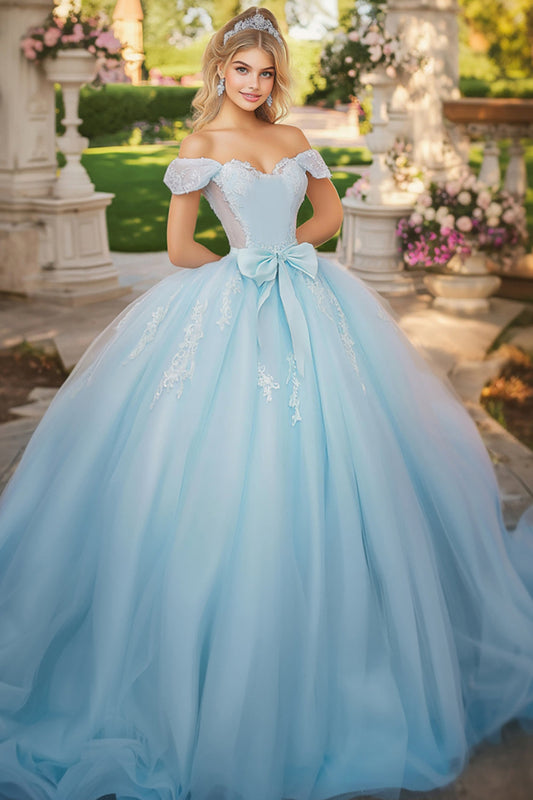 Elegant Sky Blue Ball Gown Off the Shoulder Tulle Quinceanera Dress with Bow